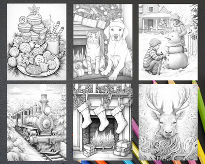 60 Merry Christmas Grayscale Coloring Pages Printable for Adult, Holiday Relaxation Art, PDF File Instant Download