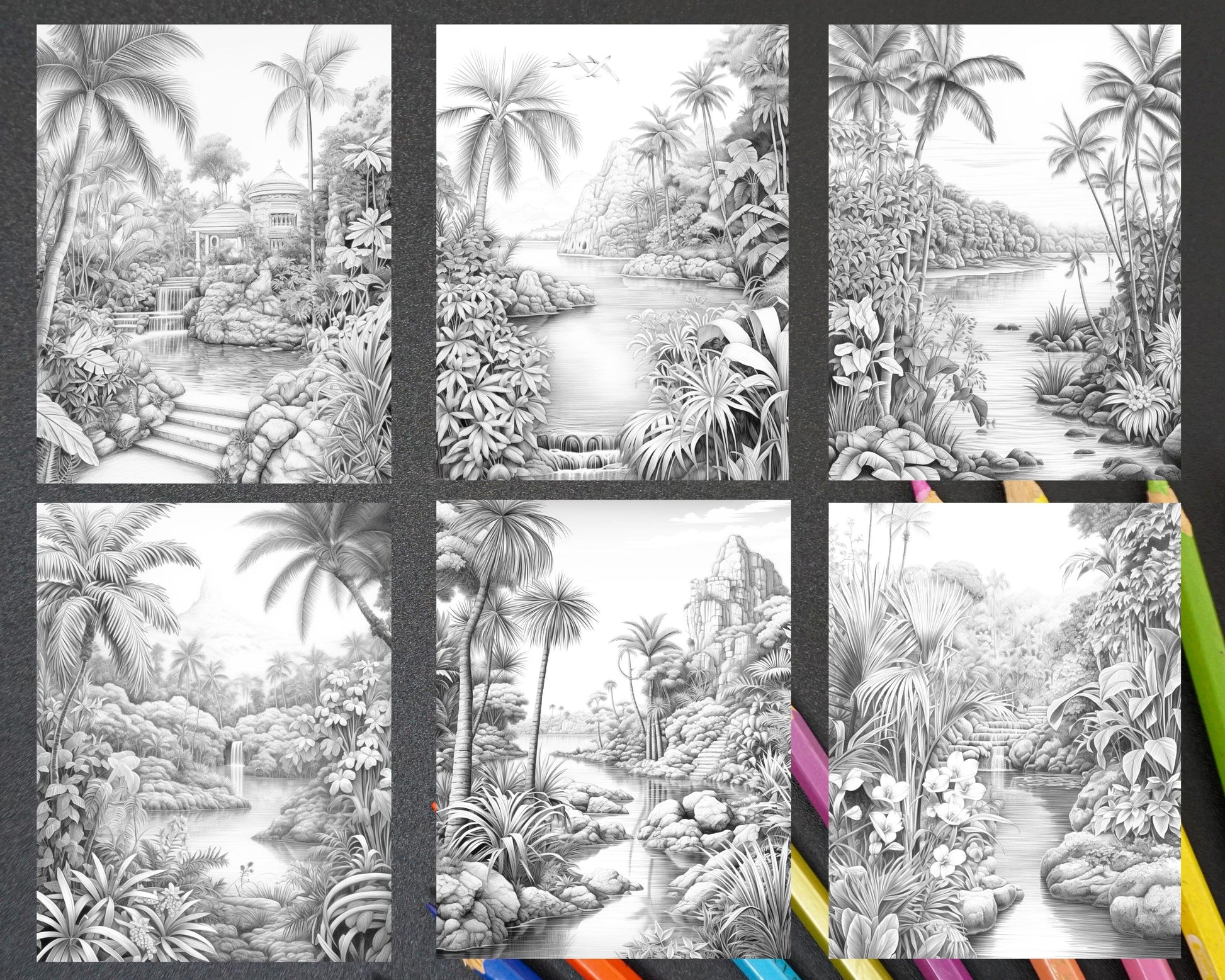 52 Tropical Oasis Grayscale Coloring Pages Printable for Adults, PDF File Instant Download