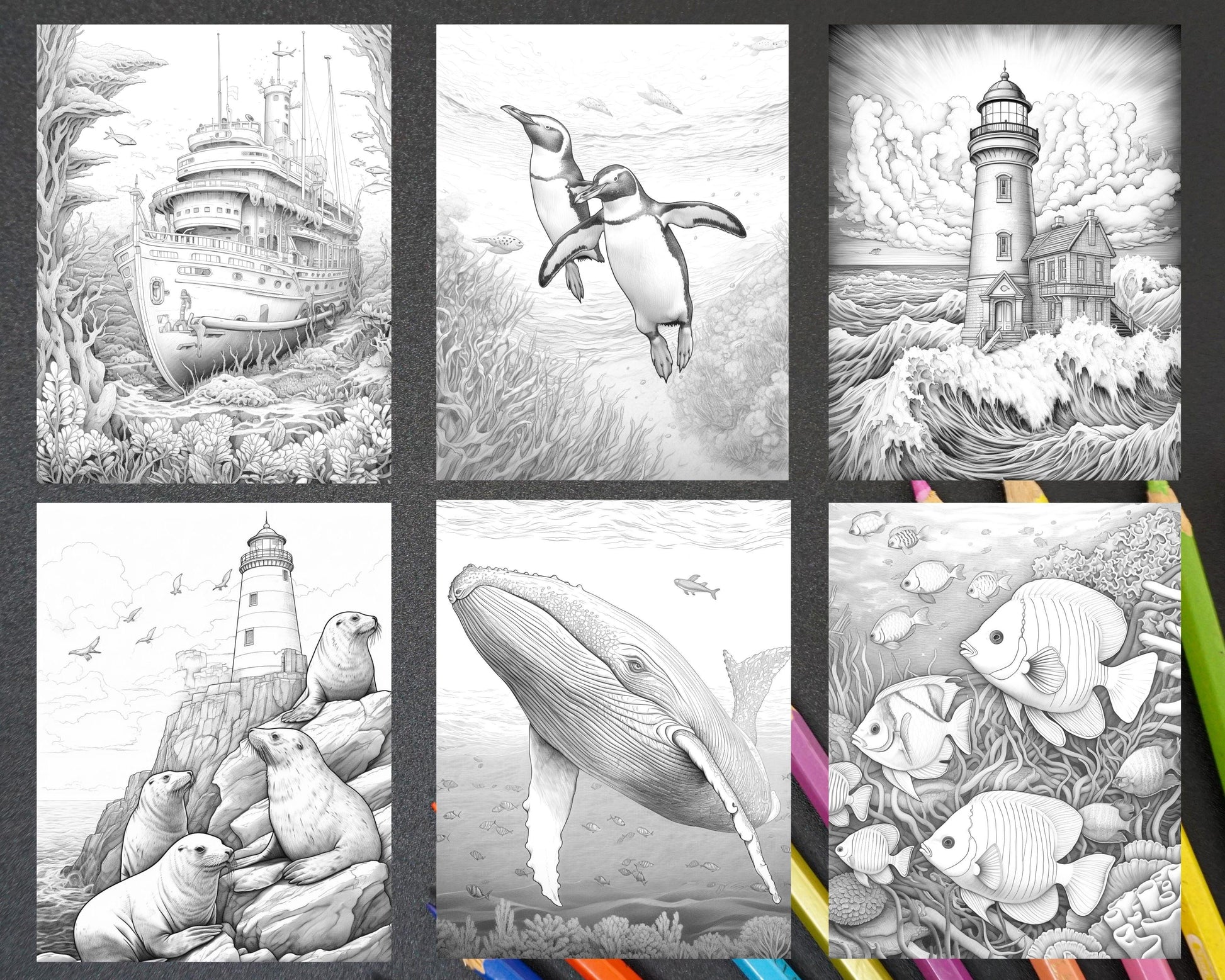 Ocean Life Grayscale Coloring Pages Printable for Adults Relaxation and Creativity, PDF File Instant Download