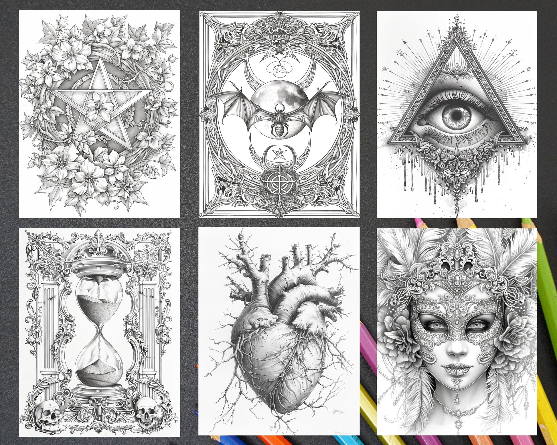 66 Intricate Gothic Tattoos Grayscale Adult Coloring Pages, Printable PDF Instant Download