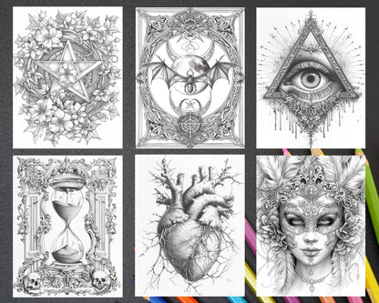 66 Intricate Gothic Tattoos Grayscale Adult Coloring Pages, Printable PDF Instant Download