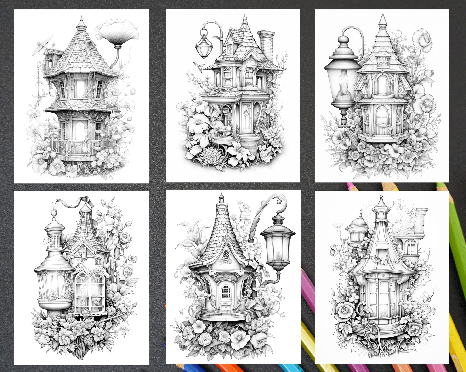 50 Lantern Fairy Houses Grayscale Coloring Pages Printable for Adults, PDF File Instant Download