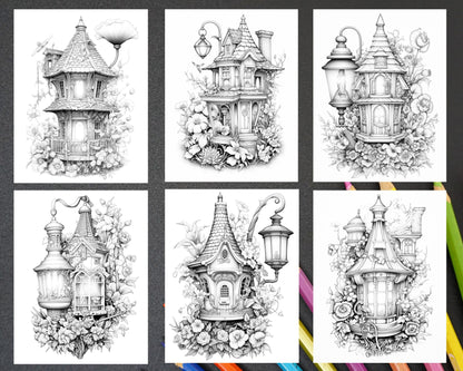 50 Lantern Fairy Houses Grayscale Coloring Pages Printable for Adults, PDF File Instant Download