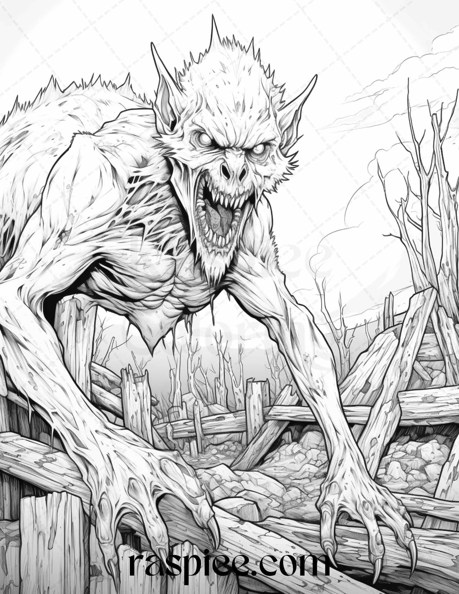 66 Horror Zombie Animals Grayscale Coloring Pages Printable for Adults, PDF File Instant Download
