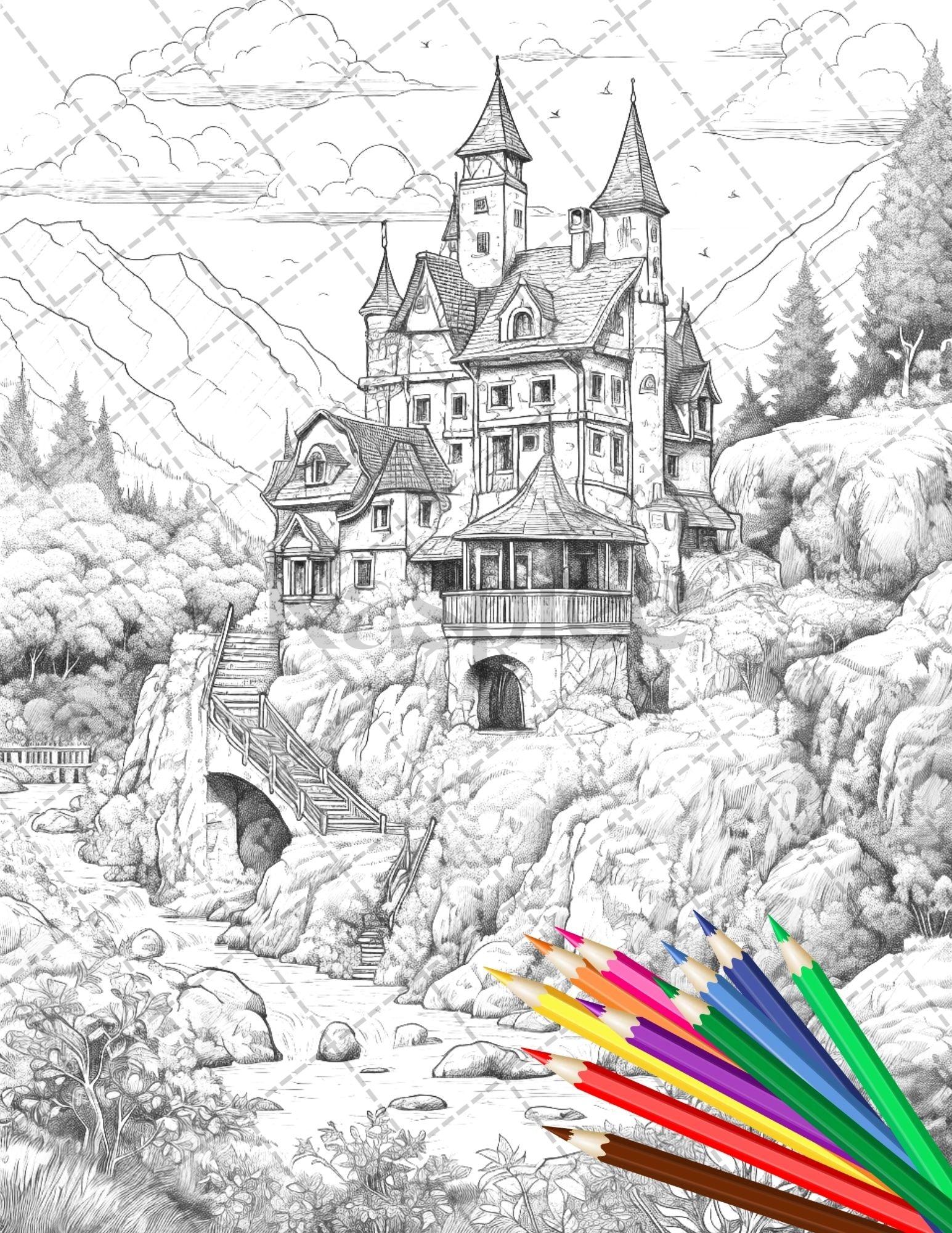 122 Fantasy Castles Coloring Book for Adults, Grayscale Coloring Page, Printable PDF Instant Download