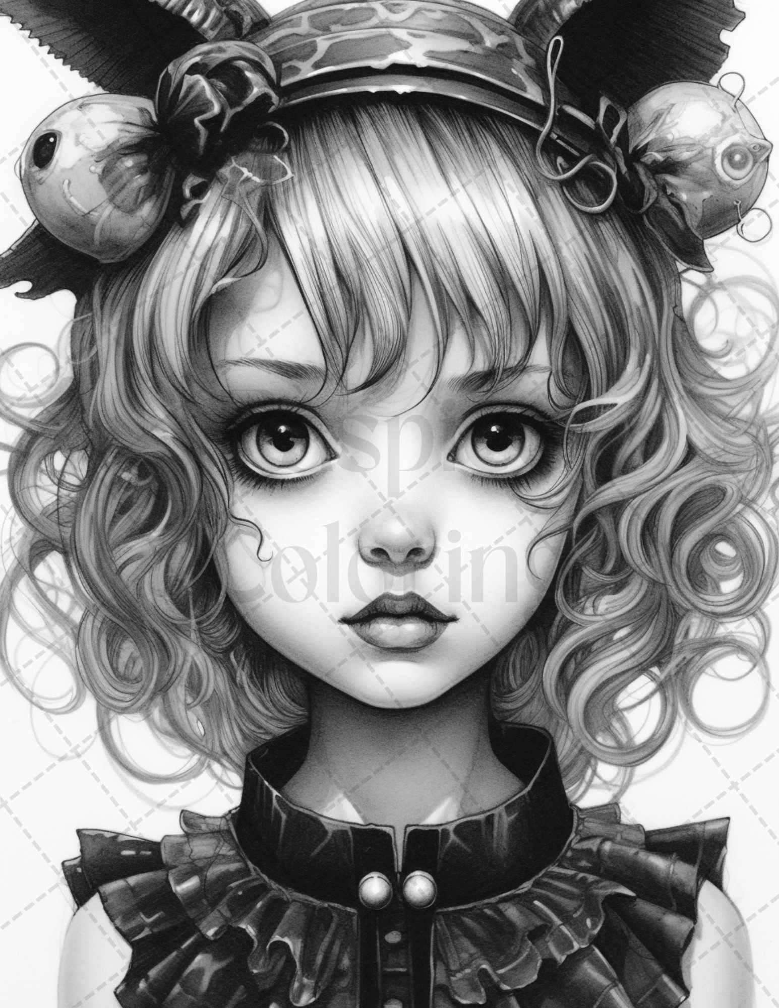 60 Adorable Gothic Girls Grayscale Coloring Pages Printable for Adults, PDF File Instant Download