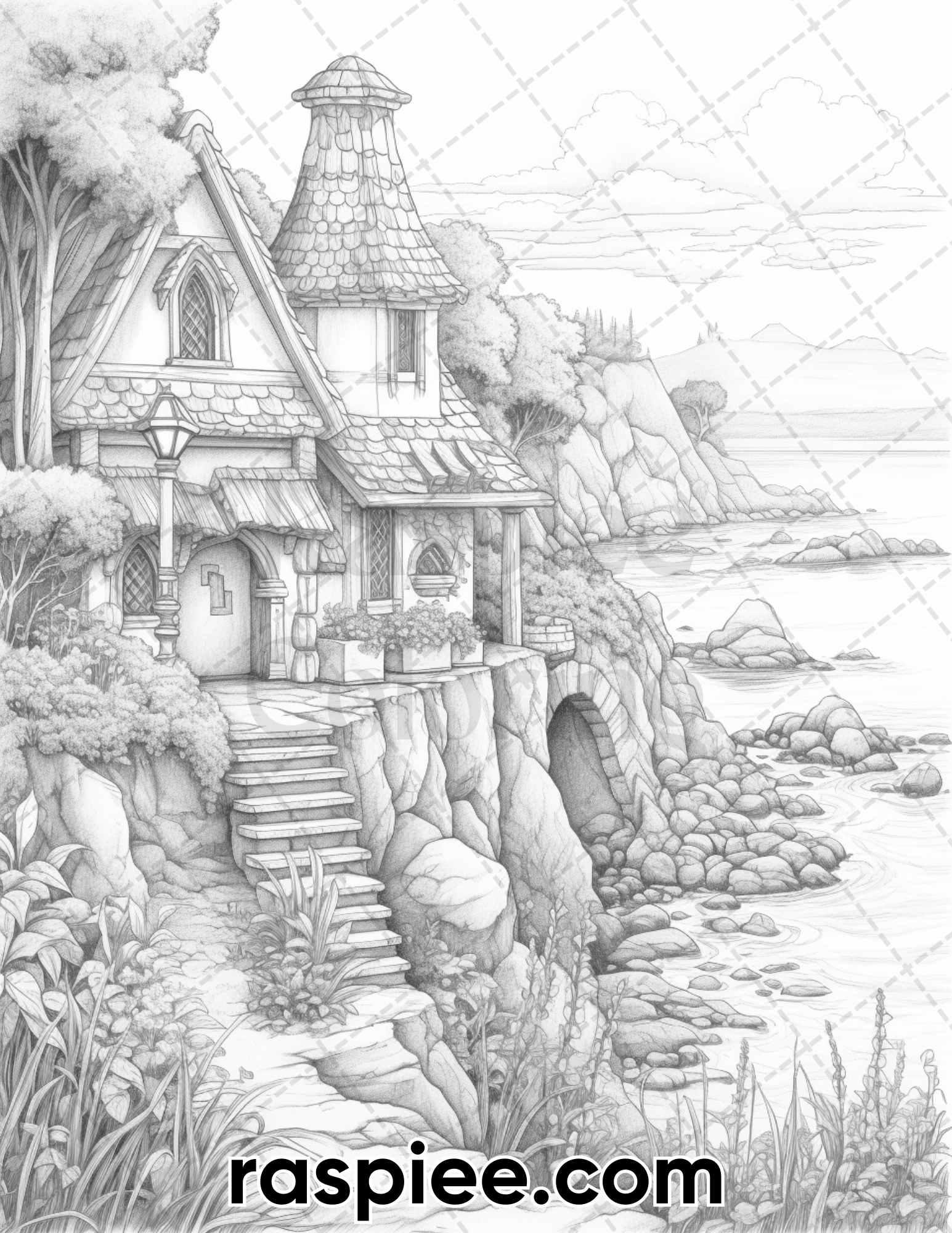 50 Fairy Beach Houses Grayscale Coloring Pages for Adults, Printable PDF Instant Download