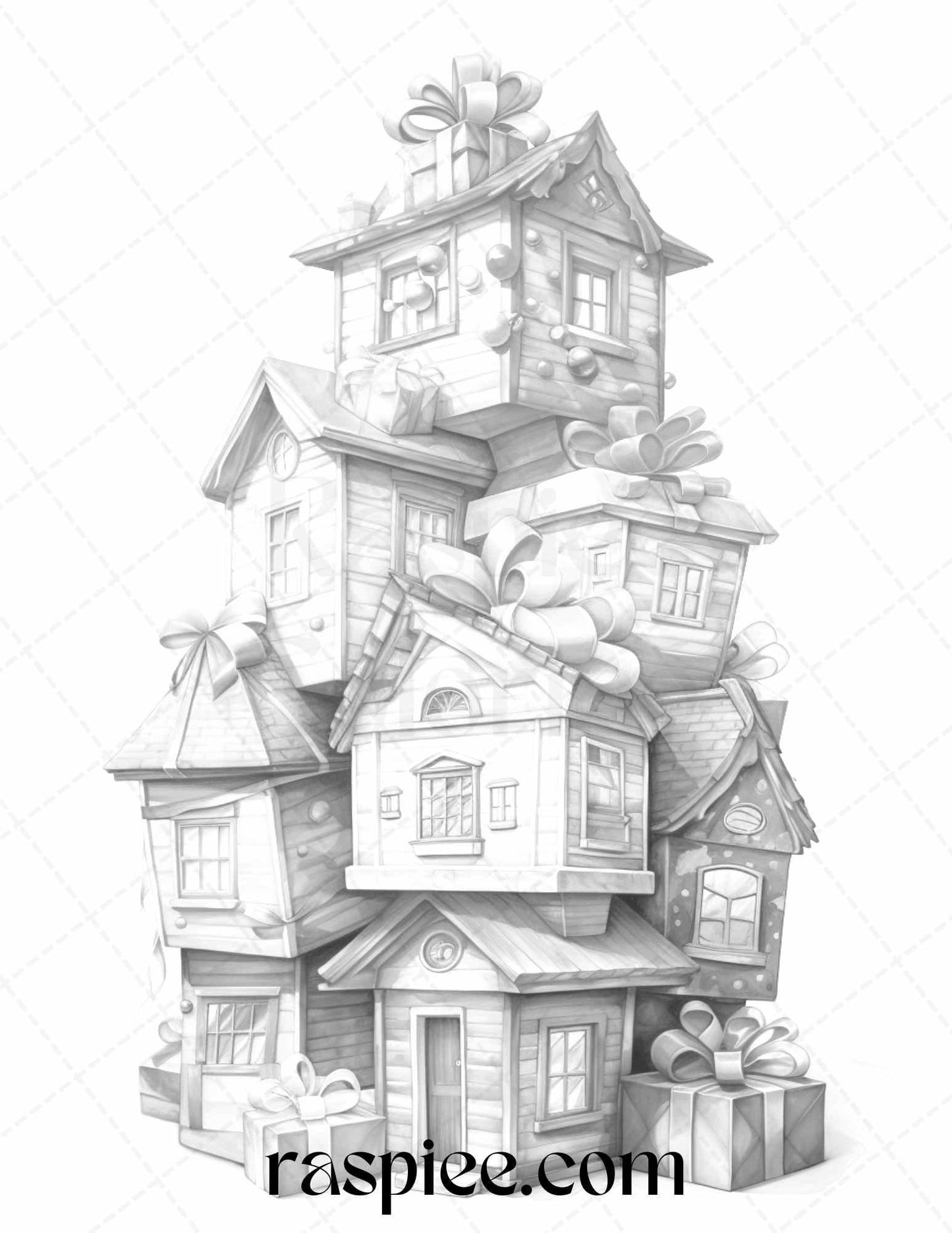 40 Adorable Gift Box Houses Grayscale Coloring Pages Printable for Adults Kids, PDF File Instant Download