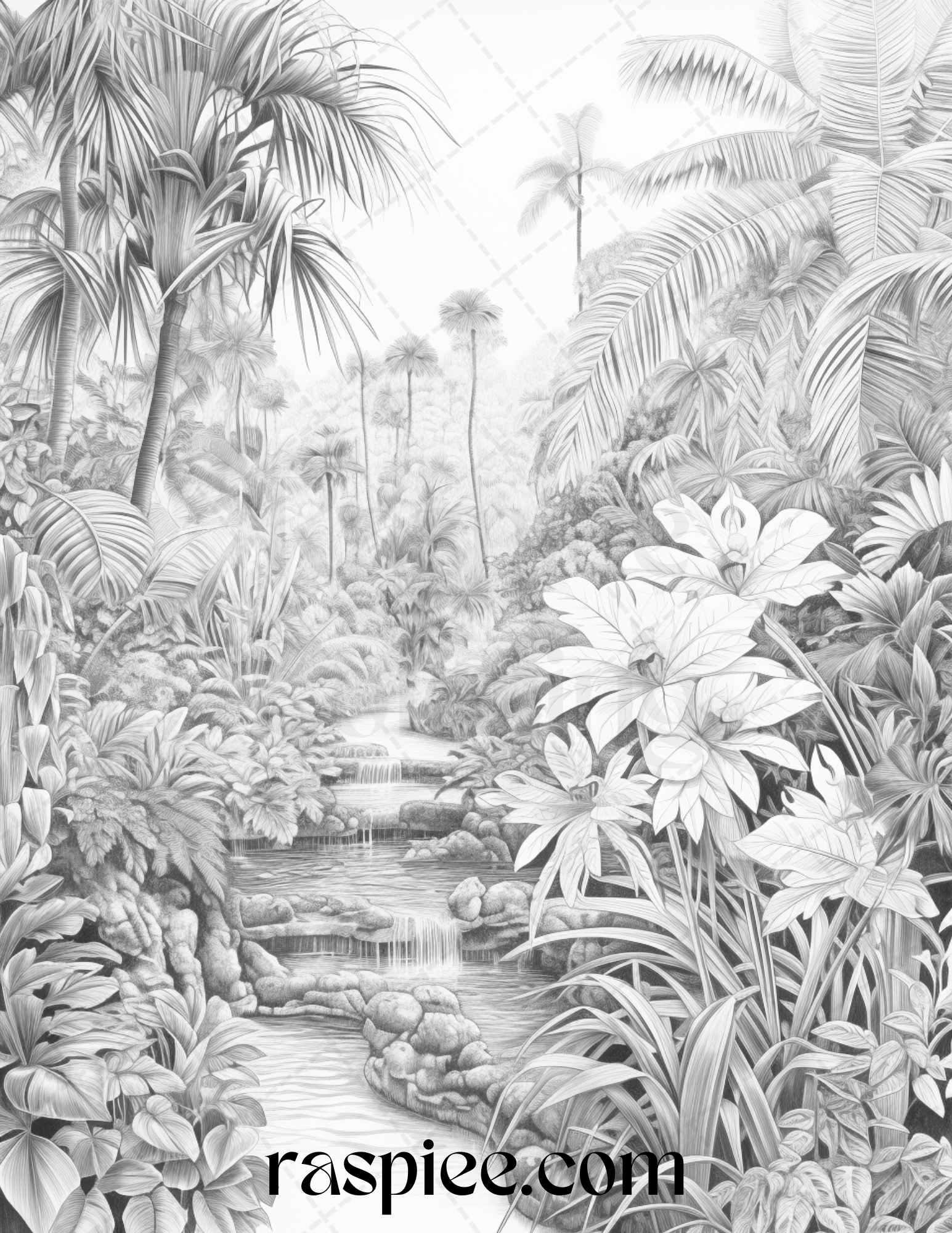 52 Tropical Oasis Grayscale Coloring Pages Printable for Adults, PDF File Instant Download