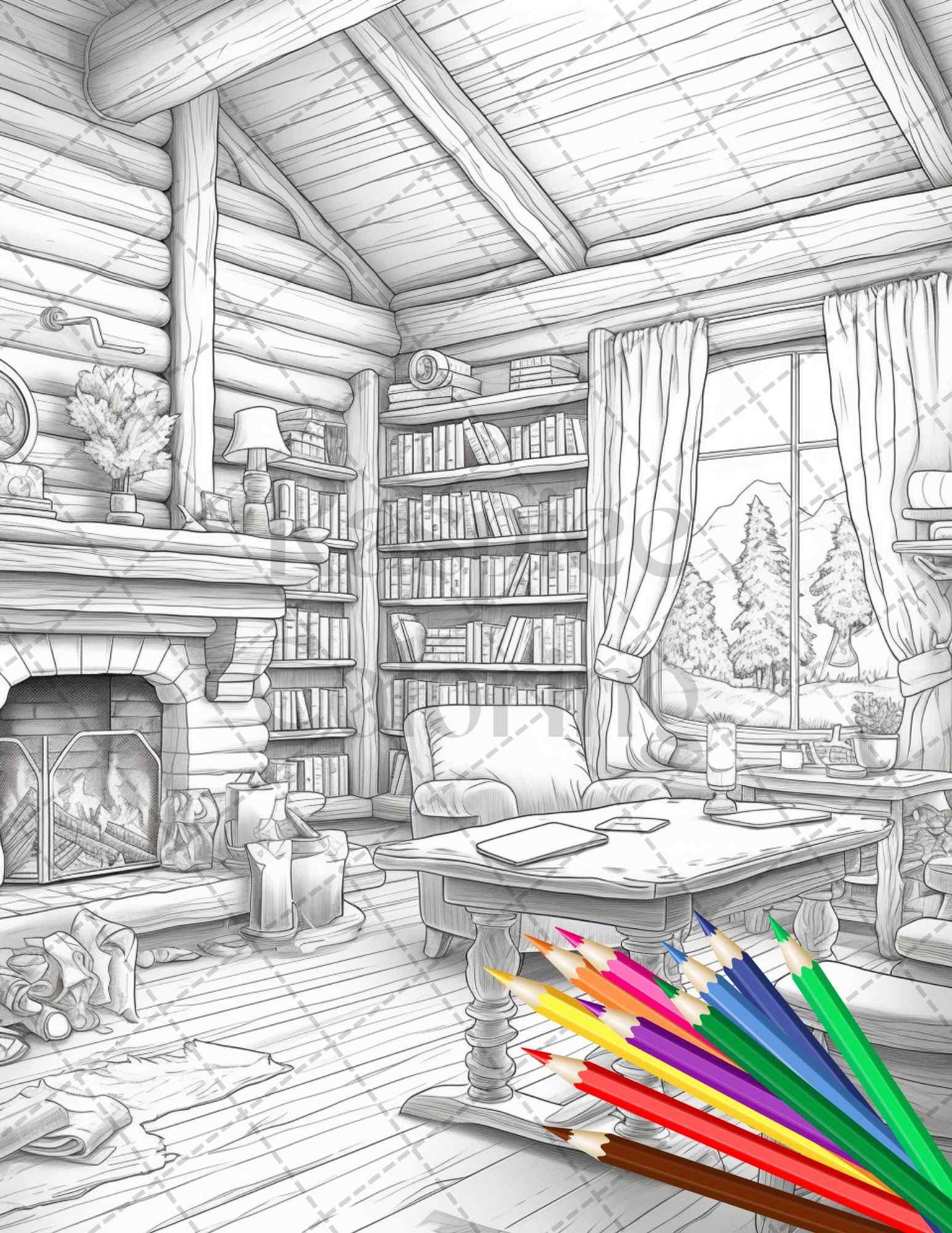 Cozy Cabin Interior Grayscale Coloring Pages Printable for Adults, PDF File Instant Download