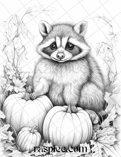 Autumn Animals Grayscale Coloring Pages for Adults and Kids, Printable PDF File Instant Download
