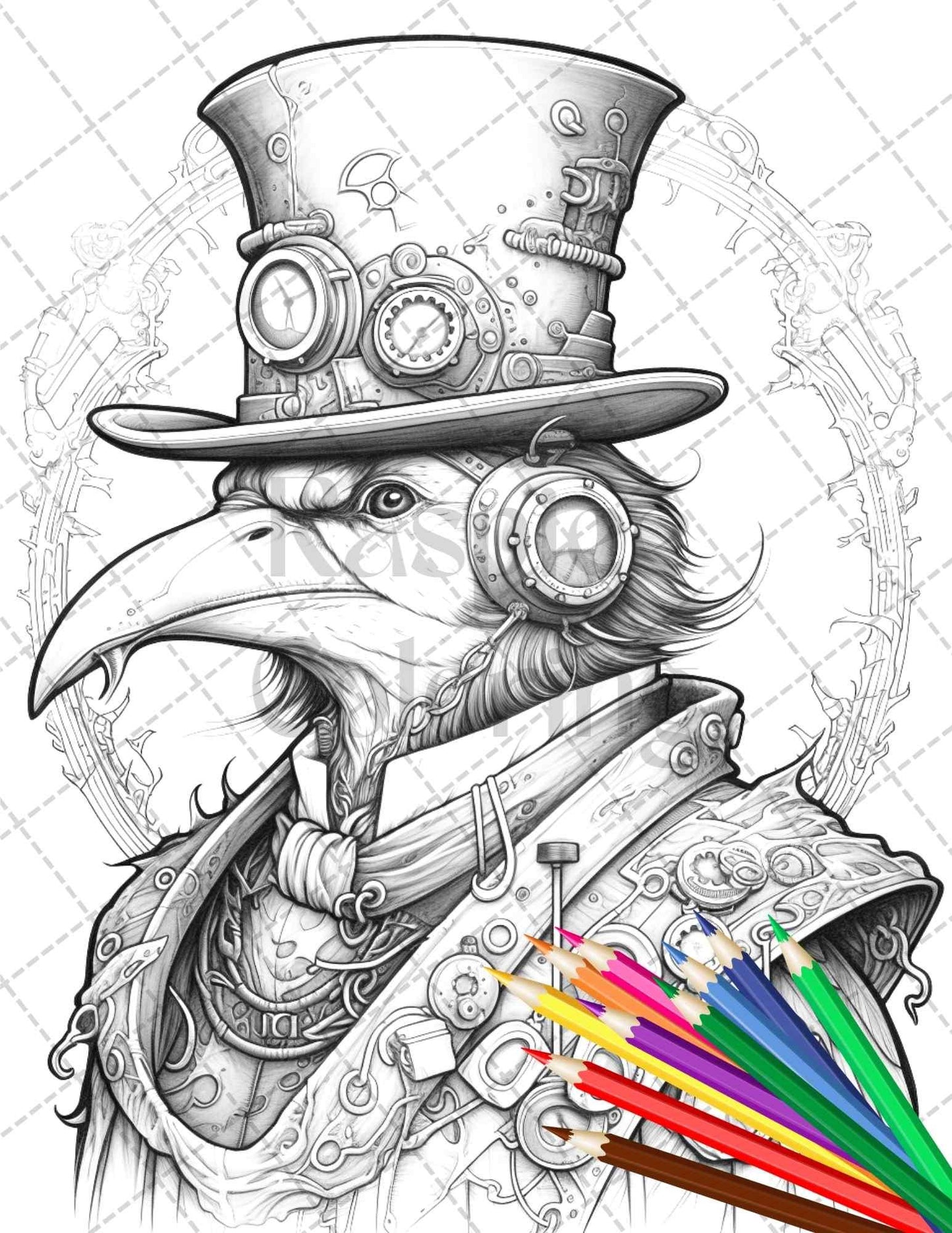 60 Steampunk Animals Grayscale Coloring Pages Printable for Adults, PDF File Instant Download