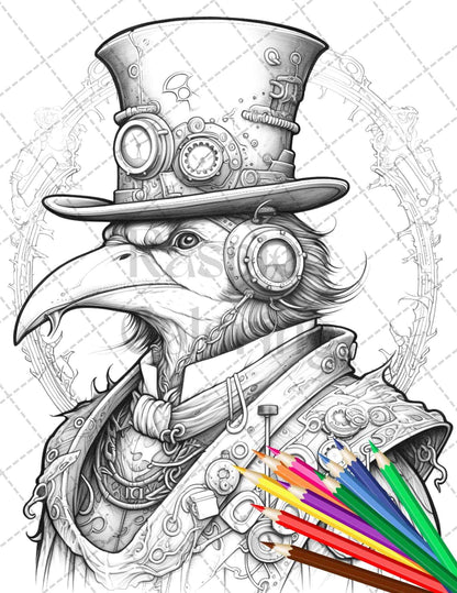 60 Steampunk Animals Grayscale Coloring Pages Printable for Adults, PDF File Instant Download