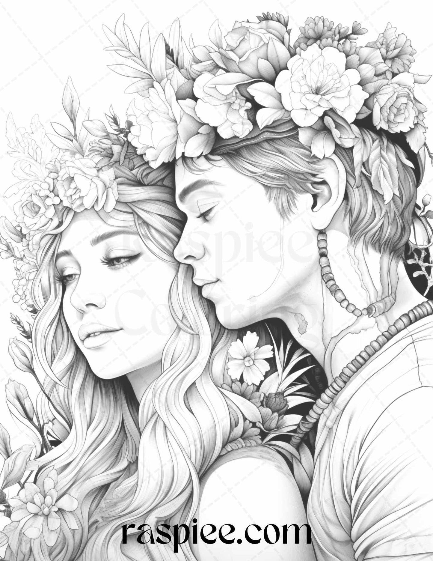 50 Romantic Couple Flowers Grayscale Coloring Pages Printable for Adults, PDF File Instant Download