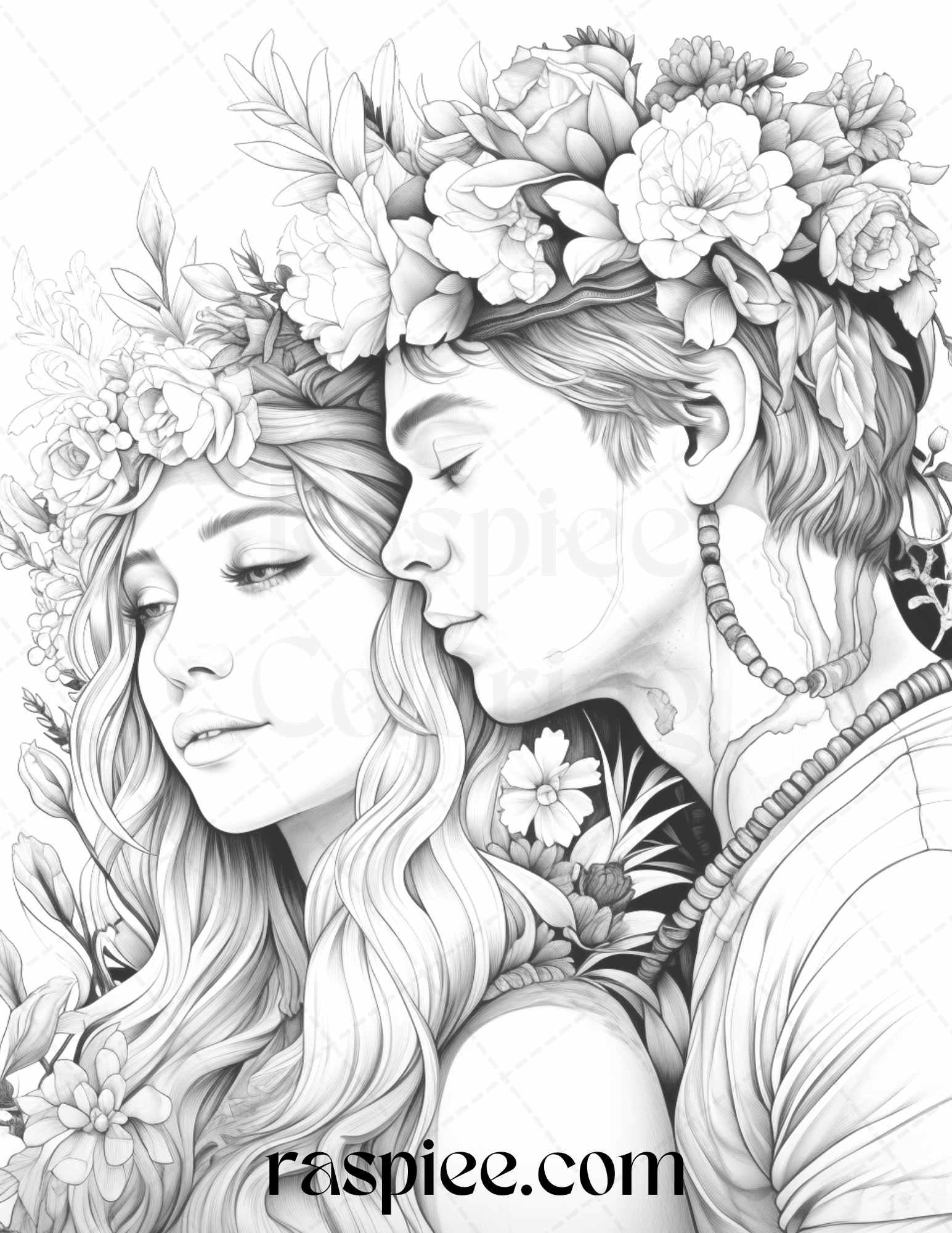50 Romantic Couple Flowers Grayscale Coloring Pages Printable for Adults, PDF File Instant Download