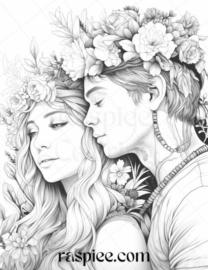 50 Romantic Couple Flowers Grayscale Coloring Pages Printable for Adults, PDF File Instant Download