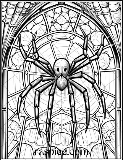 70 Halloween Stained Glass Grayscale Coloring Pages Printable for Adults, PDF File Instant Download
