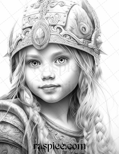 58 Little Viking Girls Boys Portrait Grayscale Coloring Pages Printable, PDF File Instant Download