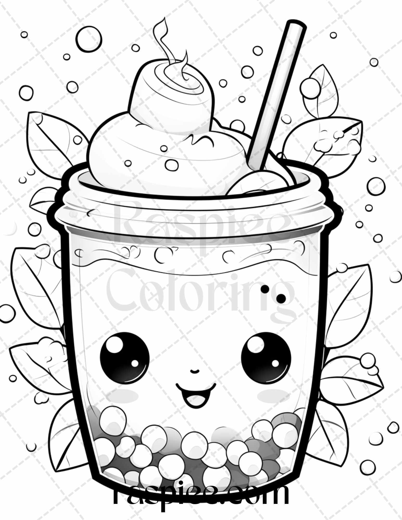 50 Cute Kawaii Boba Tea Grayscale Coloring Pages for Adults and Kids, Printable PDF File Instant Download