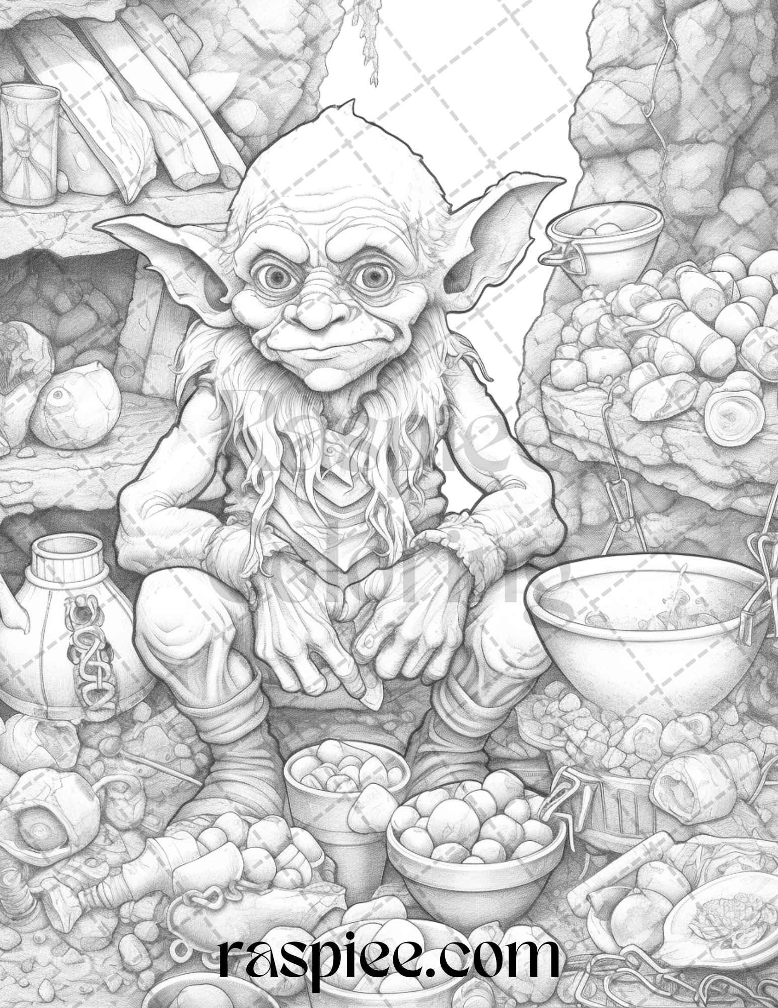 Fantasy Goblins Grayscale Coloring Pages Printable for Adults, PDF File Instant Download