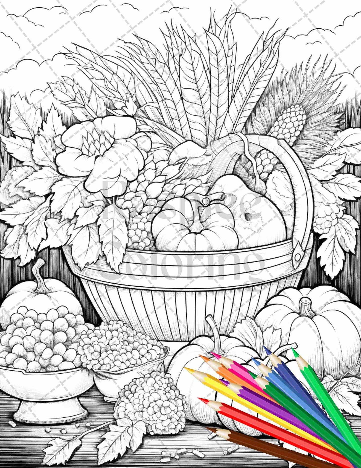Autumn Harvest Grayscale Coloring Pages Printable for Adults, Relaxing Fall Themed Art, PDF File Instant Download
