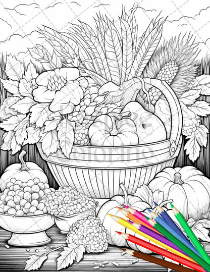 Autumn Harvest Grayscale Coloring Pages Printable for Adults, Relaxing Fall Themed Art, PDF File Instant Download