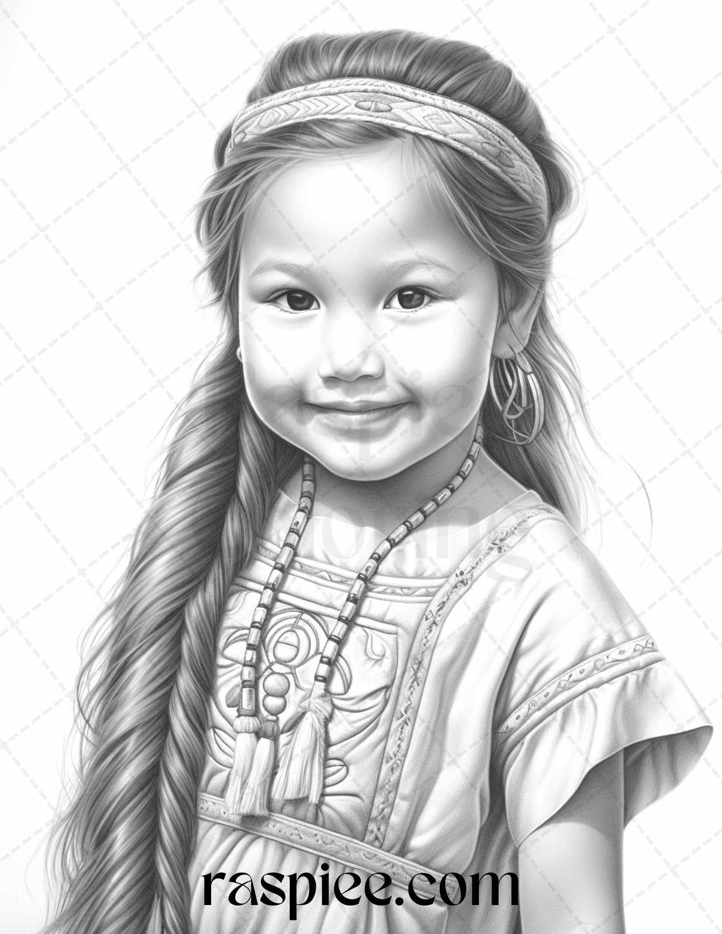 50 Native American Little Girls Boys Grayscale Coloring Pages Printable for Adults Kids, PDF File Instant Download
