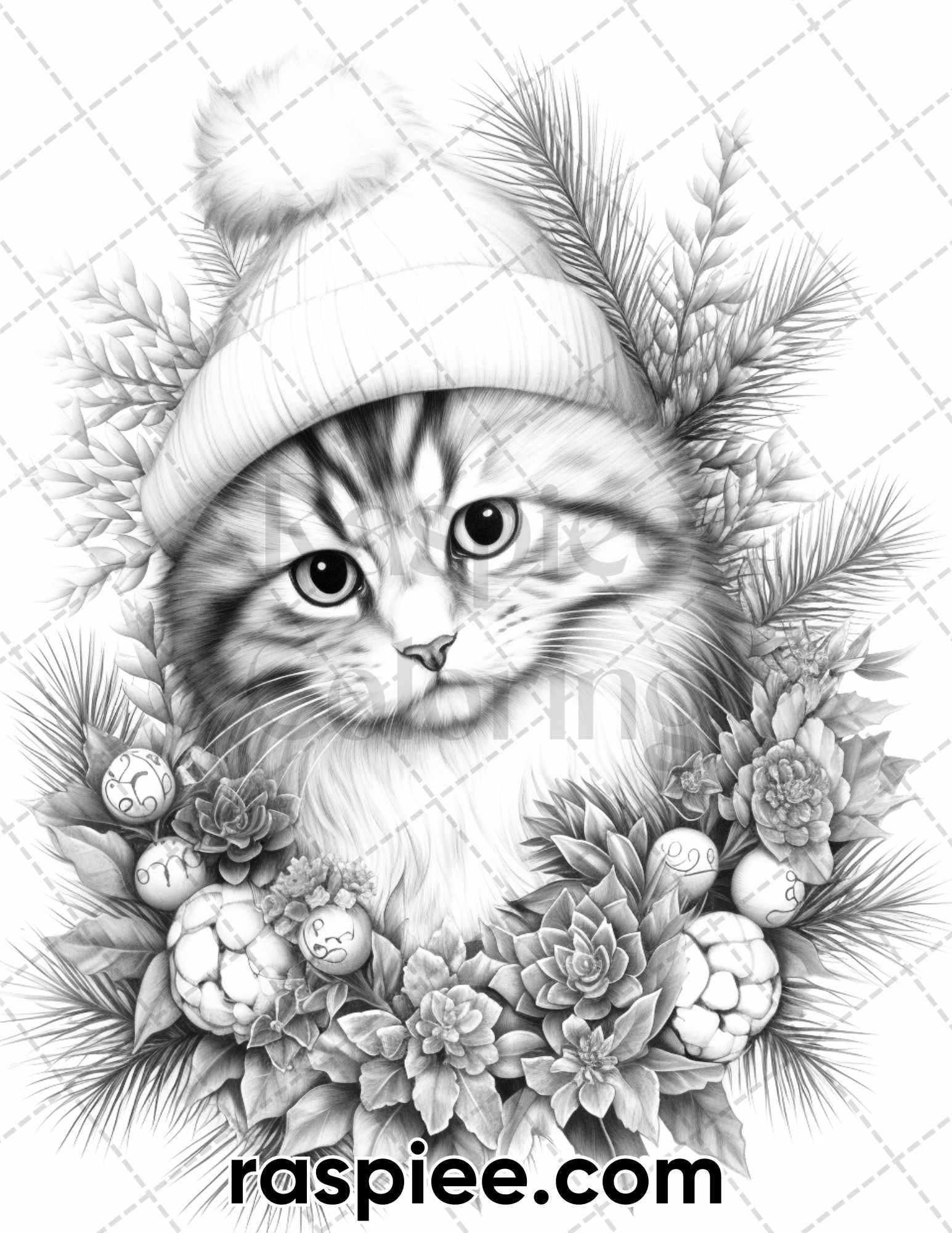 40 Christmas Cats Grayscale Coloring Pages for Adults, Printable PDF Instant Download