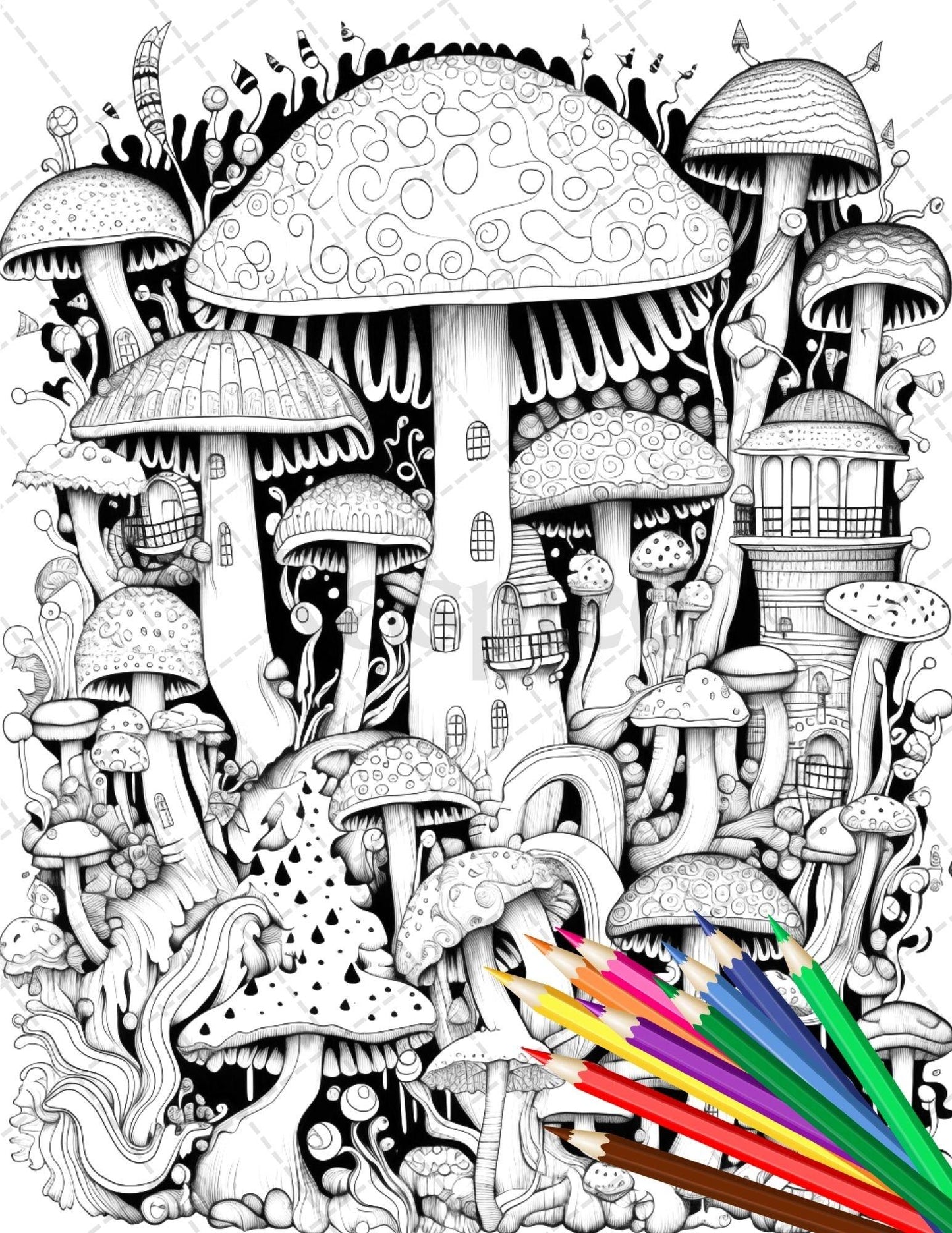 Psychedelic Mushroom Forest Coloring Book Printable for Adults, Trippy Grayscale Coloring Page, PDF File Instant Download