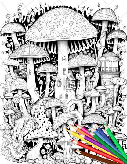 Psychedelic Mushroom Forest Coloring Book Printable for Adults, Trippy Grayscale Coloring Page, PDF File Instant Download