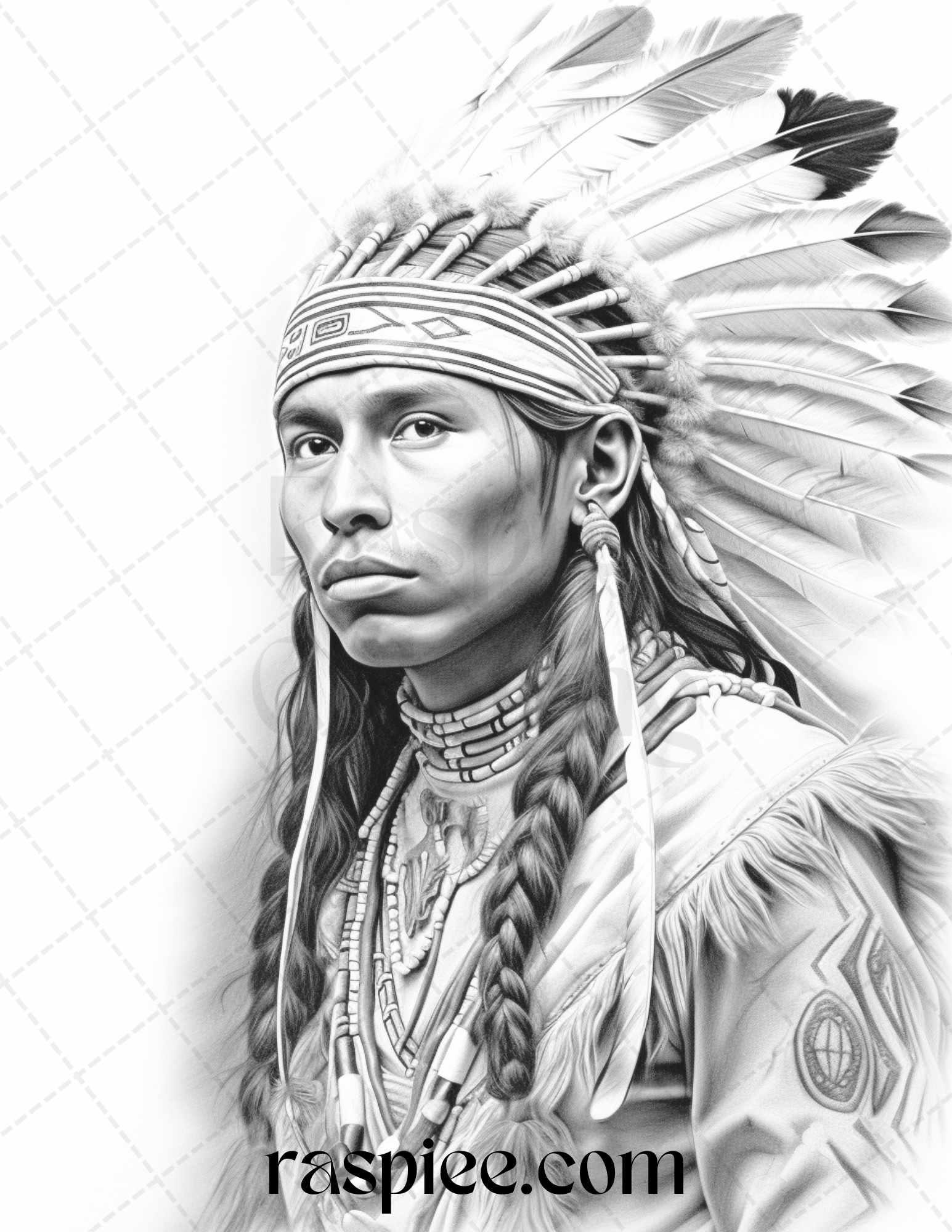 Native American Portrait Grayscale Coloring Pages Printable for Adults, PDF File Instant Download