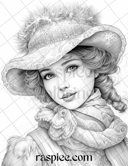 60 Victorian Winter Portrait Grayscale Coloring Pages Printable for Adults, PDF File Instant Download