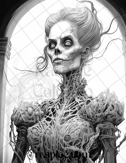 60 Halloween Victorian Era Grayscale Coloring Pages Printable for Adults, PDF File Instant Download