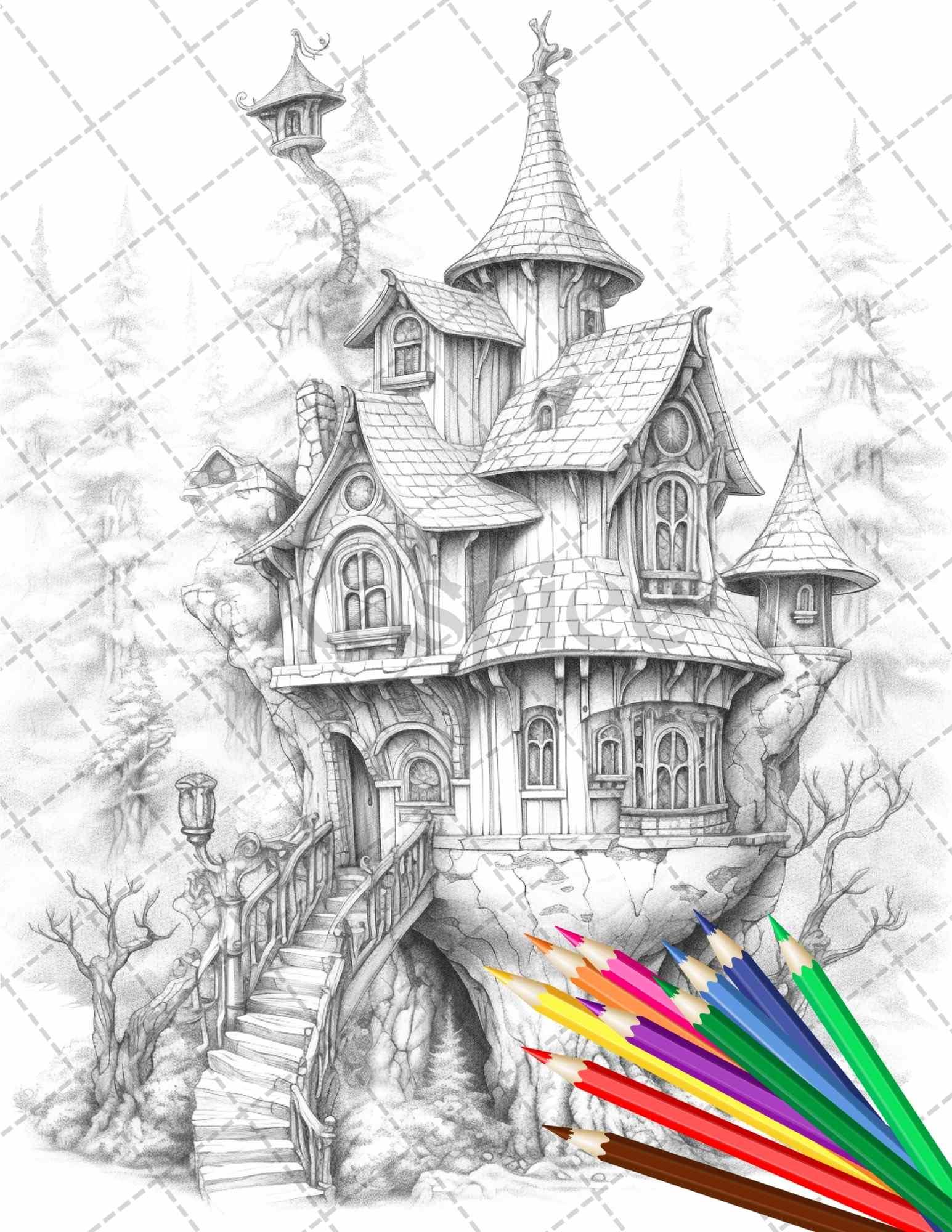 63 Winter Fairy Houses Grayscale Coloring Pages Printable for Adults, PDF File Instant Download