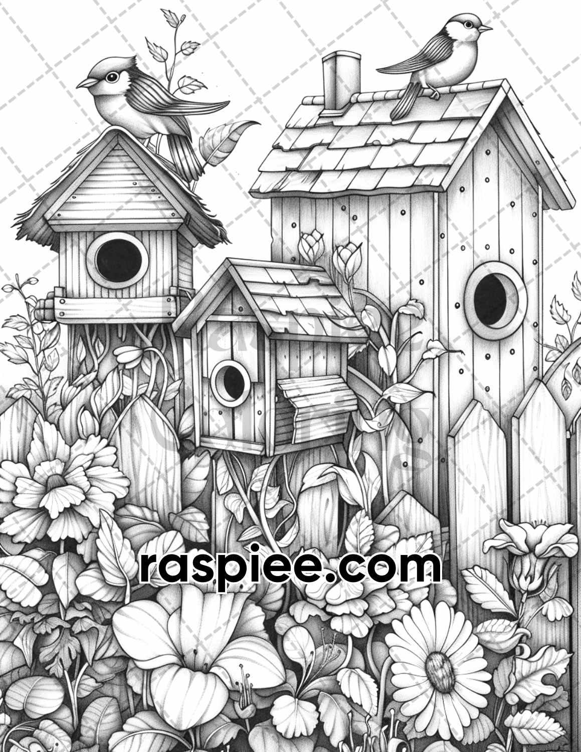 70 Enchanted Birdhouses Grayscale Adult Coloring Pages, Printable PDF Instant Download