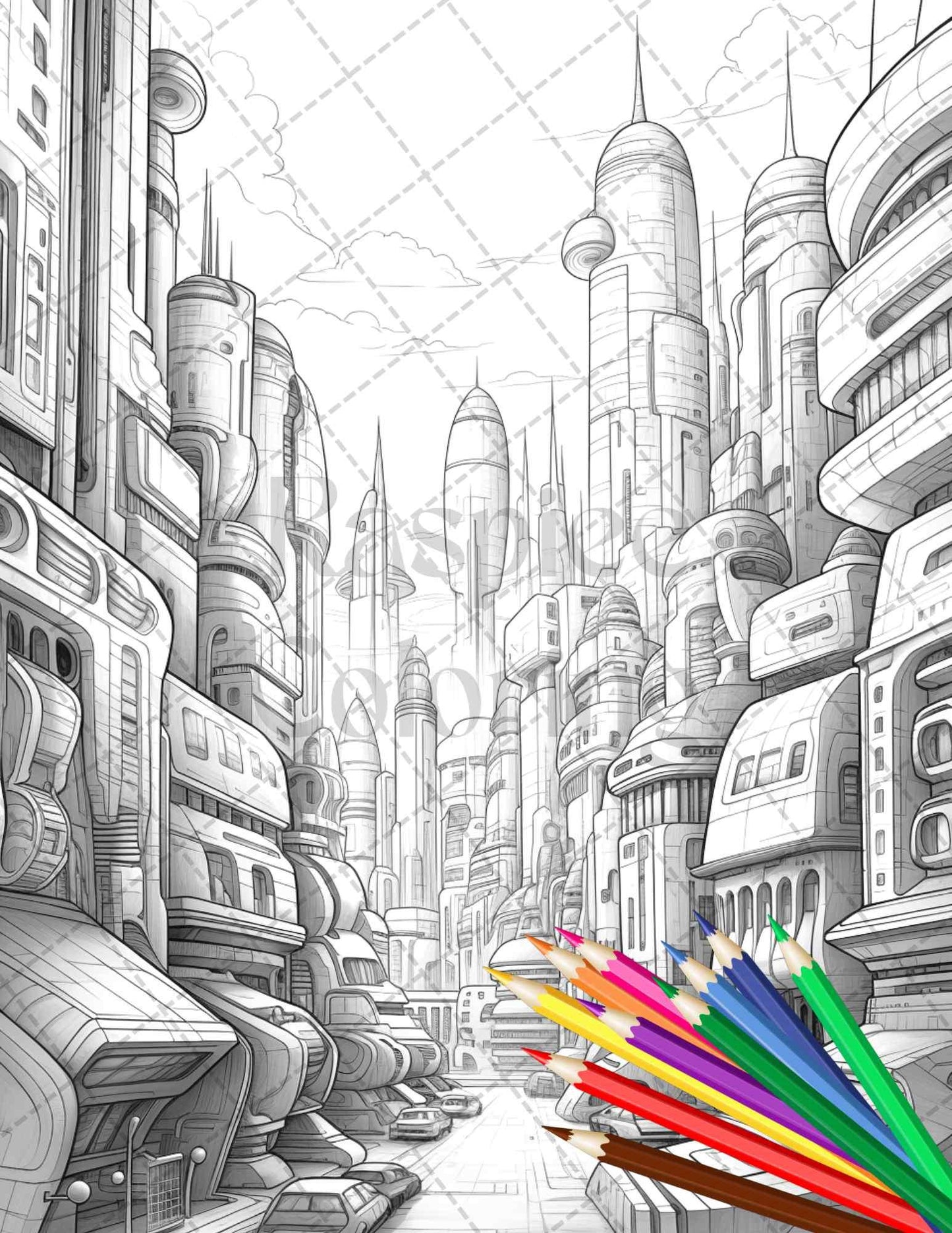 50 Futuristic Metropolis Grayscale Coloring Pages Printable for Adults, PDF File Instant Download
