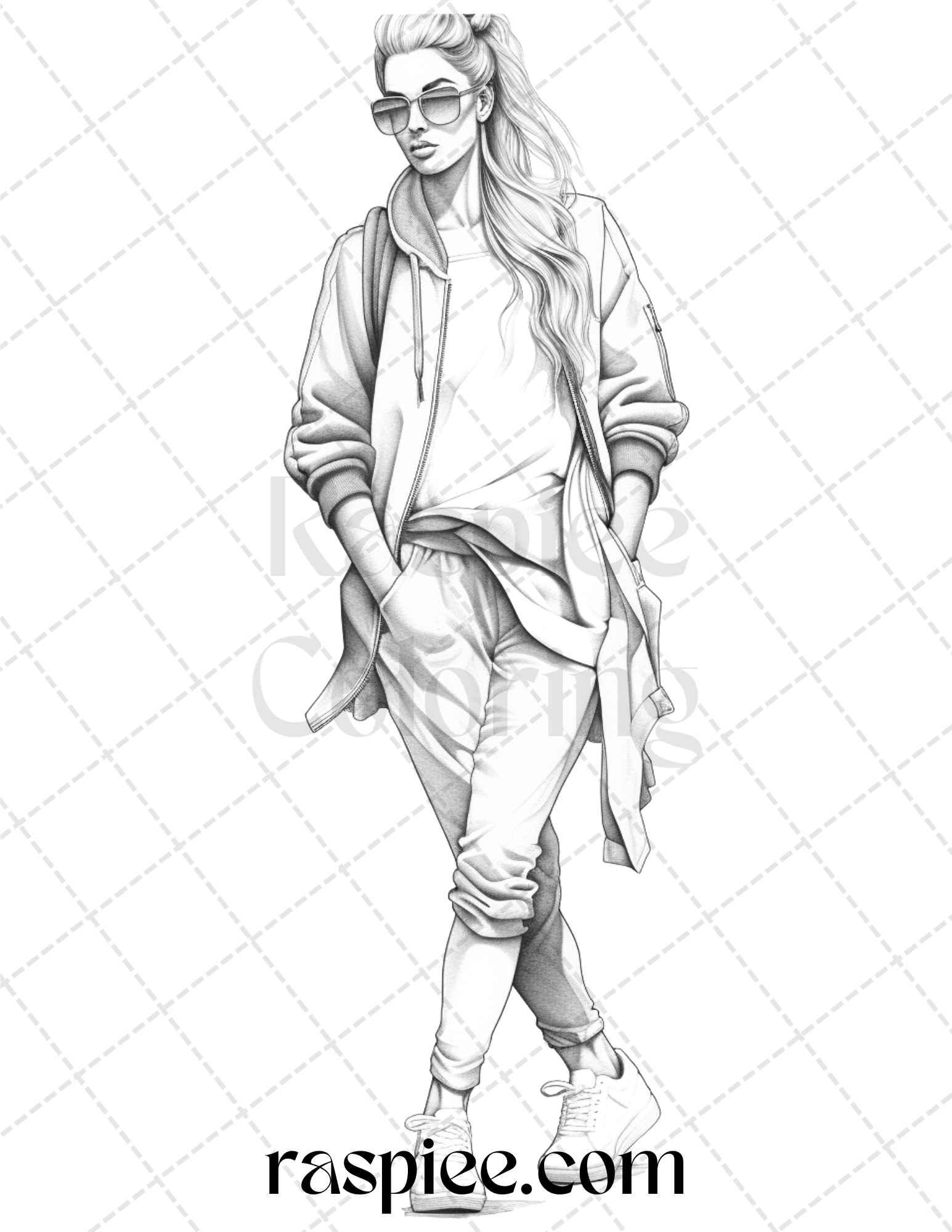 50 Streetwear Fashion Grayscale Coloring Pages Printable for Adults, PDF File Instant Download