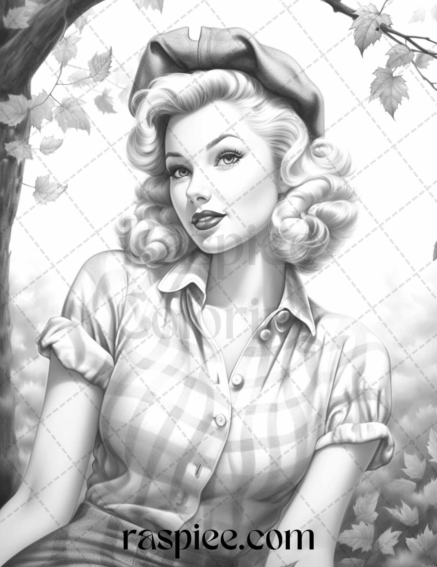 55 Autumn Pin Up Girls Grayscale Coloring Pages Printable for Adults, PDF File Instant Download