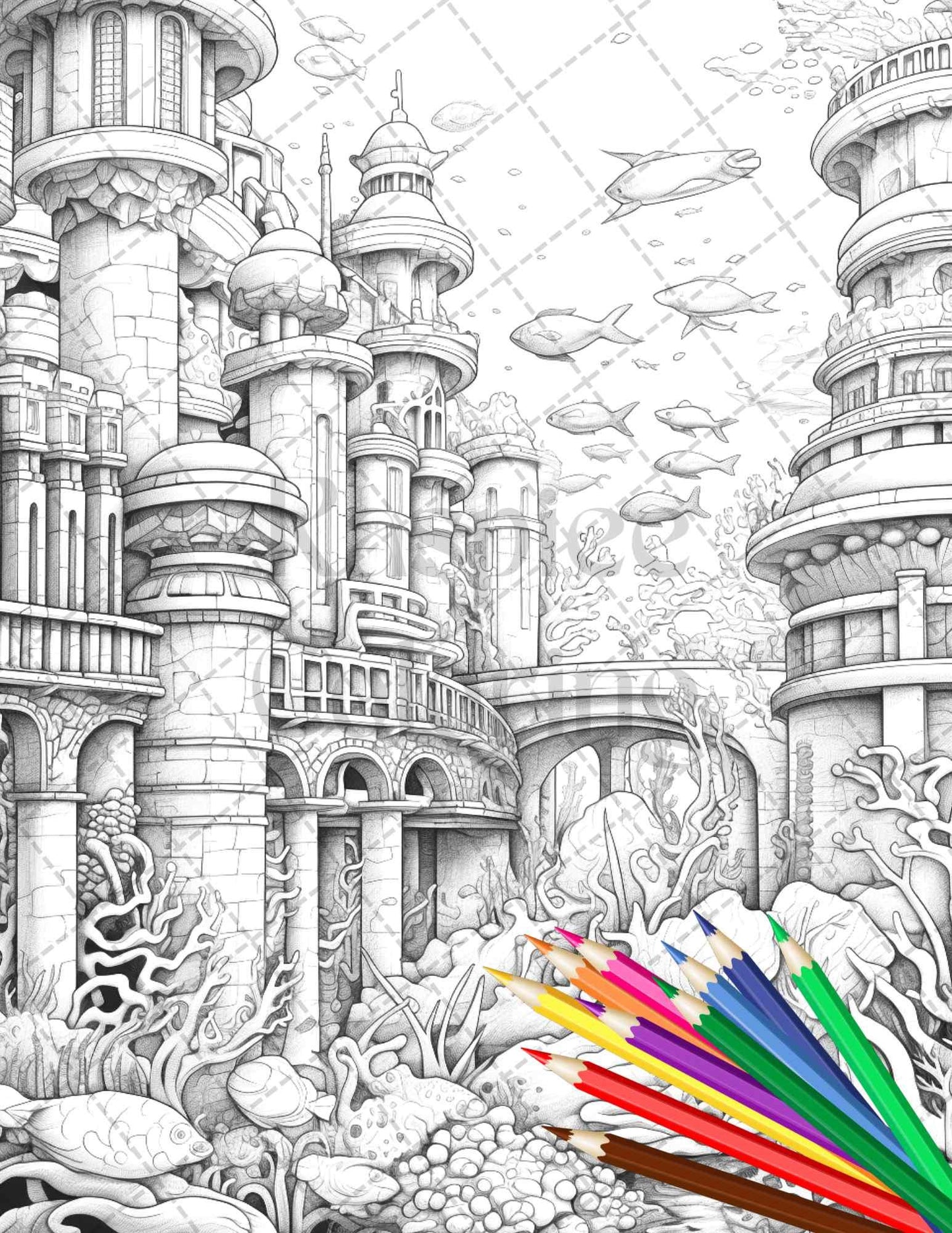 Enchanted Underwater City Grayscale Coloring Pages Printable for Adults, PDF File Instant Download
