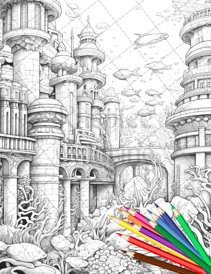 Enchanted Underwater City Grayscale Coloring Pages Printable for Adults, PDF File Instant Download