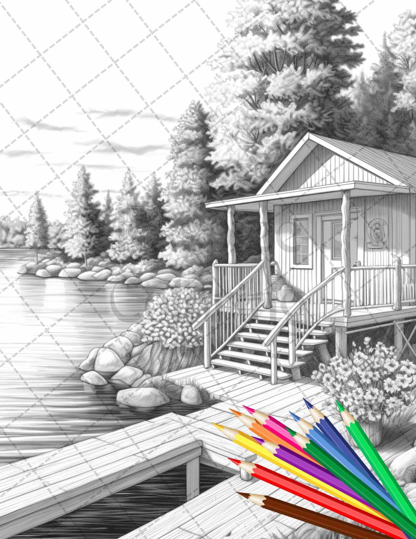 Lake Cabin Scenery Grayscale Coloring Pages Printable for Adults, PDF File Instant Download