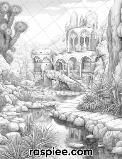 55 Desert Oasis Fairy Homes Grayscale Coloring Pages for Adults, Printable PDF Instant Download