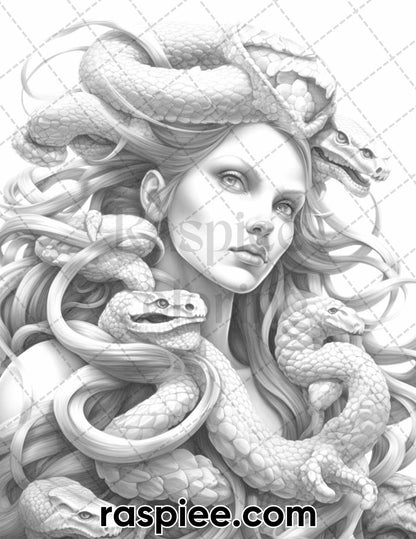 60 Mythical Creatures Grayscale Coloring Pages for Adults, Printable PDF Instant Download