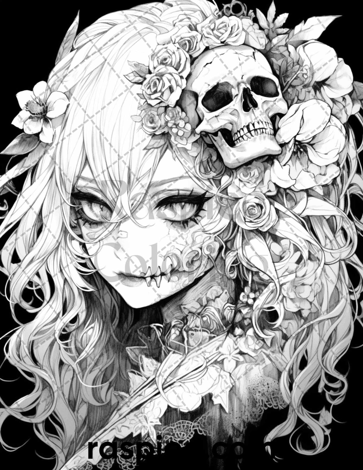60 Horror Beauties Grayscale Coloring Pages Printable for Adults, PDF File Instant Download
