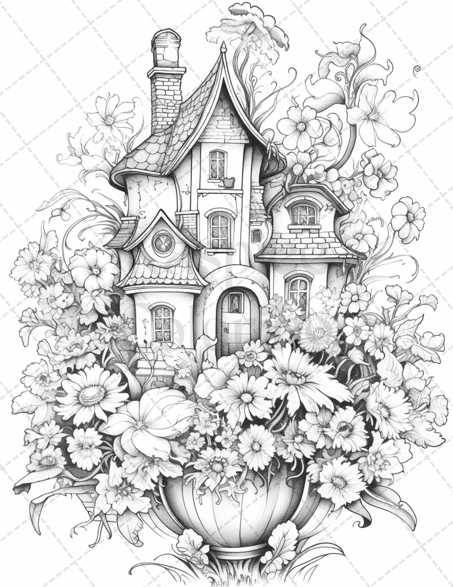 60 Flower Houses Grayscale Coloring Pages Printable for Adults, PDF File Instant Download