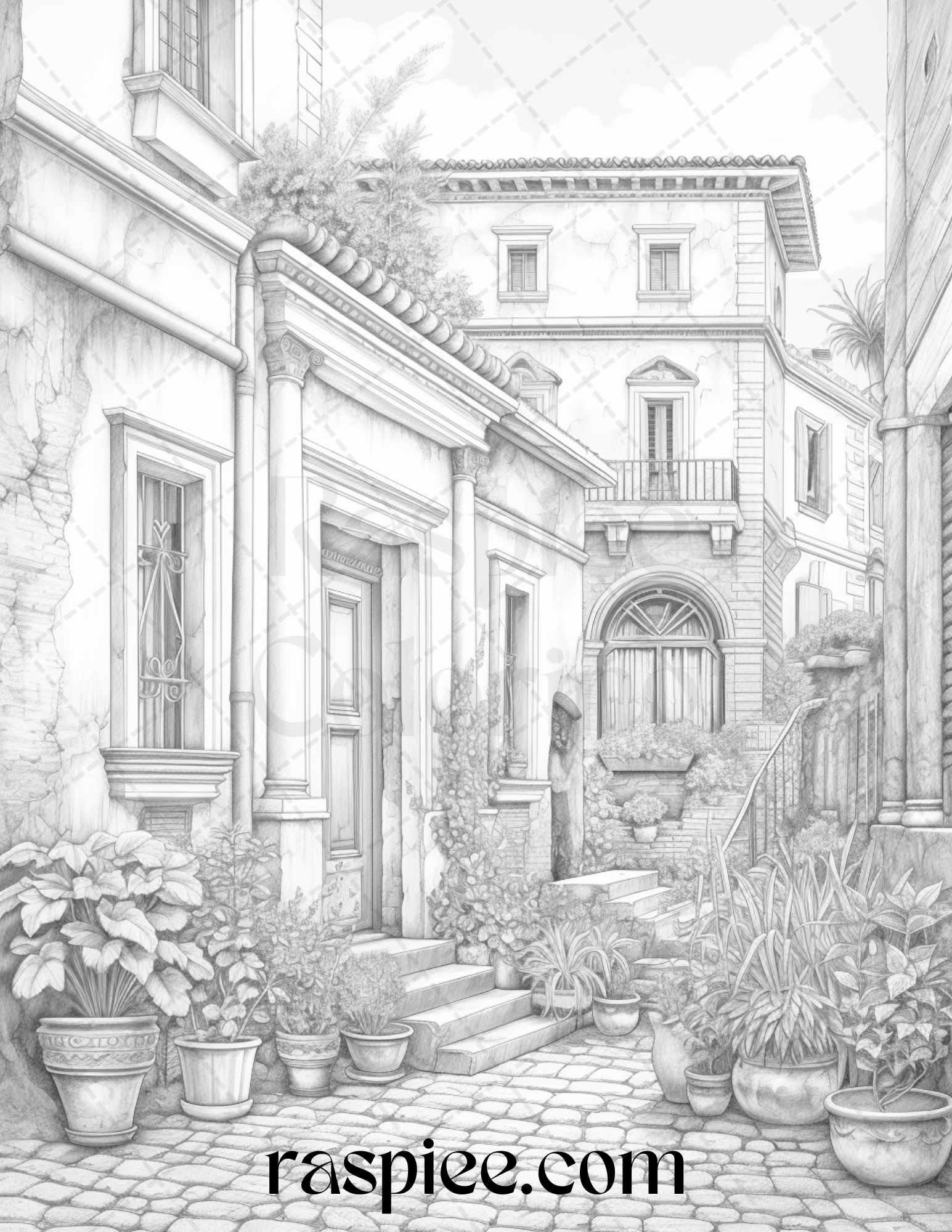 Roman Architecture Grayscale Coloring Pages Printable for Adults, PDF File Instant Download