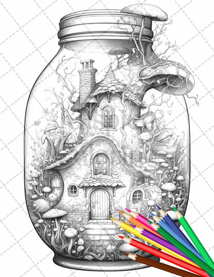 Fairy House in Jar Grayscale Coloring Pages Printable for Adults, PDF File Instant Download