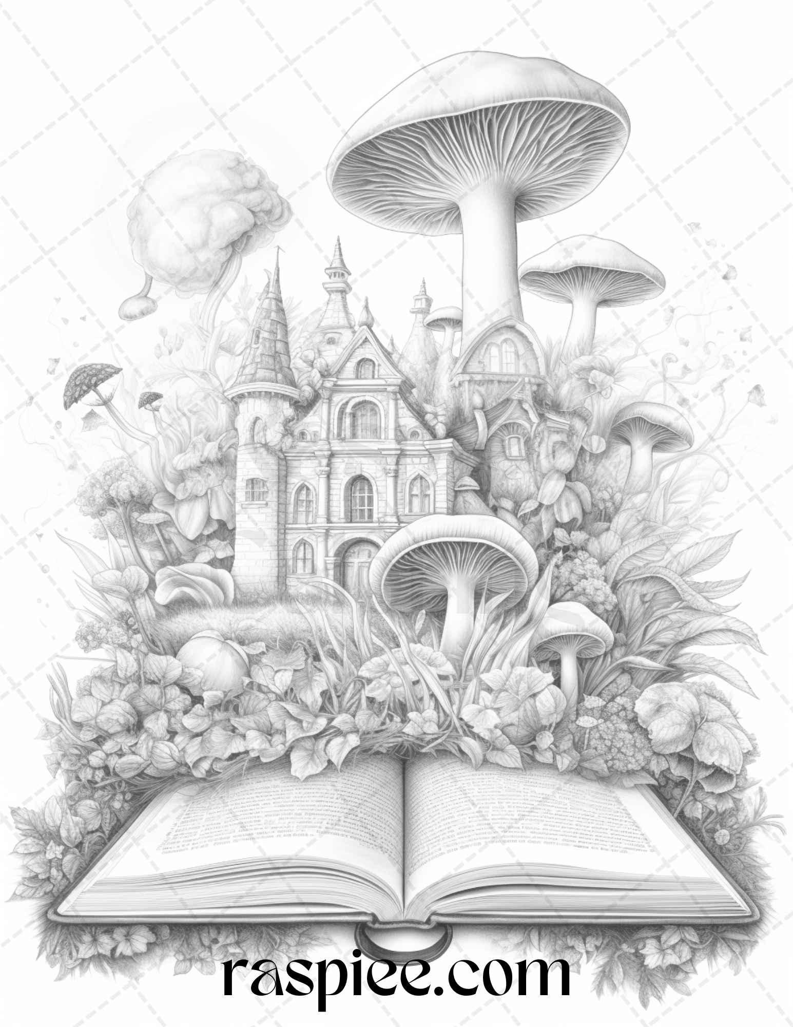 50 Magical Books Grayscale Coloring Pages Printable for Adults, PDF File Instant Download