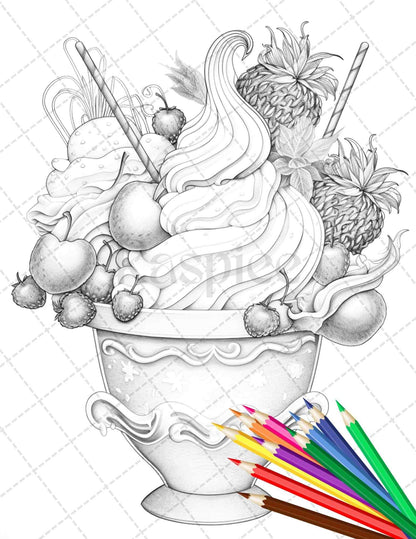 52 Printable Ice Cream Desserts Coloring Pages for Adults and Kids, Grayscale Coloring Page, PDF File Instant Download