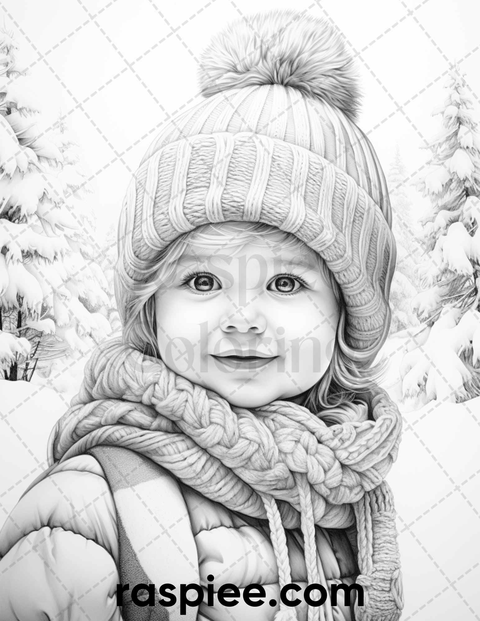 50 Baby Winter Portrait Grayscale Coloring Pages Printable for Adults, PDF File Instant Download